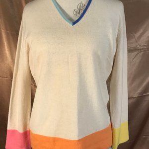Magaschoni Cream V-Neck Sweater with Colorful Trim